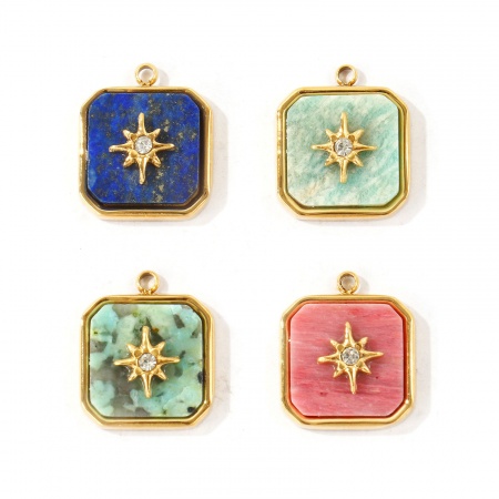 Picture of Eco-friendly PVD Waterproof Anti-Tarnish Hypoallergenic 304 Stainless Steel & Gemstone Charms Wholesale 18K Real Gold Plated Octagon Star Clear Rhinestone 16mm x 13.5mm