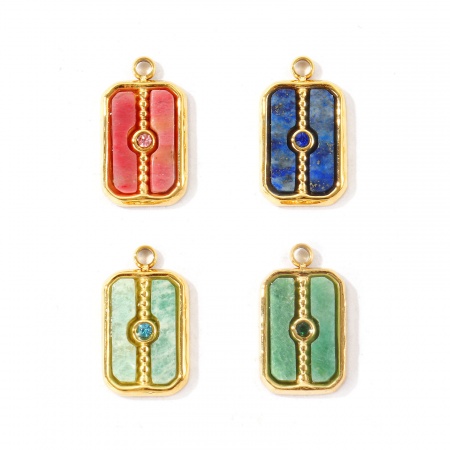 Picture of Eco-friendly PVD Waterproof Anti-Tarnish Hypoallergenic 304 Stainless Steel & Gemstone Charms Wholesale 18K Real Gold Plated Rectangle 15mm x 9mm