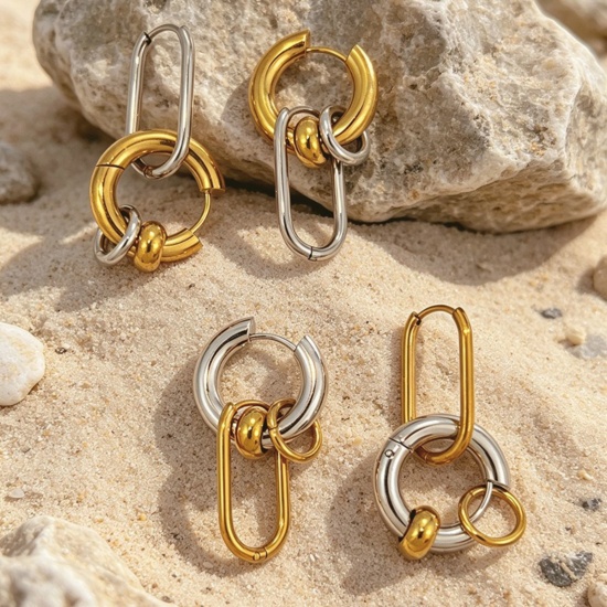 Immagine di Squisito Elegante Orecchini Circolari All'Ingrosso, Doppio Colore Multicolore 304 Acciaio Inossidabile, Donne PVD Ecologica Regalo Fornitura di Gioielli, 3.7cm x 1.6cm, 1 Paio