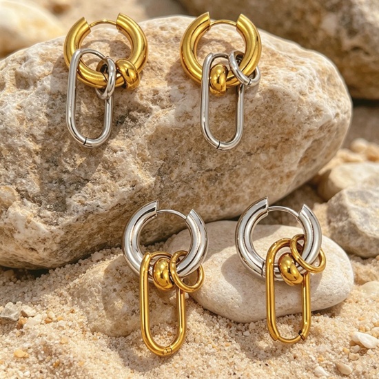 Immagine di Squisito Elegante Orecchini Circolari All'Ingrosso, Doppio Colore Multicolore 304 Acciaio Inossidabile, Donne PVD Ecologica Regalo Fornitura di Gioielli, 3.7cm x 1.6cm, 1 Paio