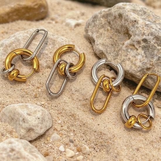 Immagine di Squisito Elegante Orecchini Circolari All'Ingrosso, Doppio Colore Multicolore 304 Acciaio Inossidabile, Donne PVD Ecologica Regalo Fornitura di Gioielli, 3.7cm x 1.6cm, 1 Paio
