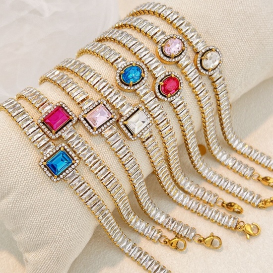 Picture of Wholesale Geometric Clear Cubic Zirconia 304 Stainless Steel Tennis Bracelet, 18K Gold Plated Eco-friendly PVD, Women's Elegant Stylish Gift Jewelry Supply, 16cm(6.3") + 6cm(2.4") long, 1 Piece