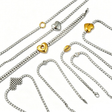 Imagen de Corazón Claro Circón Artificial 304 Acero Inoxidable Pulsera de Tenis Al Por Mayor, Tono de Plata Respetuoso del Medio Ambiente, Mujeres día de San Valentín Elegante Regalo Suministro de Joyería, 17cm + 3cm longitud, 1 Unidad