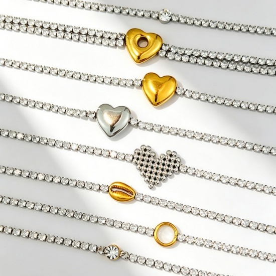 Picture of Wholesale Heart Clear Cubic Zirconia 304 Stainless Steel Tennis Bracelet, Silver Tone Eco-friendly, Women's Valentine's Day Stylish Gift Jewelry Supply, 17cm(6.7") + 3cm(1.2") long, 1 Piece