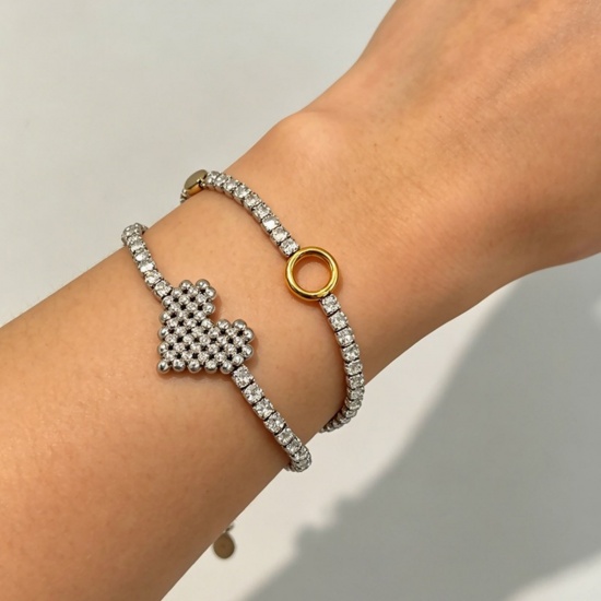 Picture of Wholesale Heart Clear Cubic Zirconia 304 Stainless Steel Tennis Bracelet, Silver Tone Eco-friendly, Women's Valentine's Day Stylish Gift Jewelry Supply, 17cm(6.7") + 3cm(1.2") long, 1 Piece