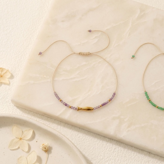 Imagen de Pez Ajustable 304 Acero Inoxidable & Gema Pulsera de Tobillo Trenzada Ajustable Al Por Mayor, Chapado en Oro de 18K PVD Ecológico, Mujeres Joyería del océano Elegante Regalo Suministro de Joyería, 25cm - 7cm longitud, 1 Unidad