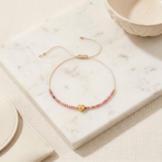 Imagen de Corazón Ajustable 304 Acero Inoxidable & Gema Pulsera de Tobillo Trenzada Ajustable Al Por Mayor, Chapado en Oro de 18K PVD Ecológico, Mujeres día de San Valentín Elegante Regalo Suministro de Joyería, 26cm - 8cm longitud, 1 Unidad