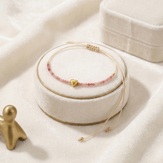 Imagen de Corazón Ajustable 304 Acero Inoxidable & Gema Pulsera de Tobillo Trenzada Ajustable Al Por Mayor, Chapado en Oro de 18K PVD Ecológico, Mujeres día de San Valentín Elegante Regalo Suministro de Joyería, 26cm - 8cm longitud, 1 Unidad