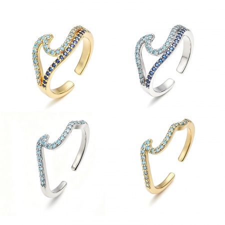Imagen de Mujeres Regalo Ola Azul Circón Artificial Abierto Ajustable Anillos Al Por Mayor, Multicolor Latón, Hip-Hop Elegante Suministro de Joyería, 17.3mm (US size 7), 1 Unidad