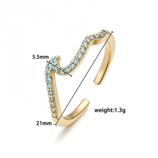 Imagen de Mujeres Regalo Ola Azul Circón Artificial Abierto Ajustable Anillos Al Por Mayor, Multicolor Latón, Hip-Hop Elegante Suministro de Joyería, 17.3mm (US size 7), 1 Unidad