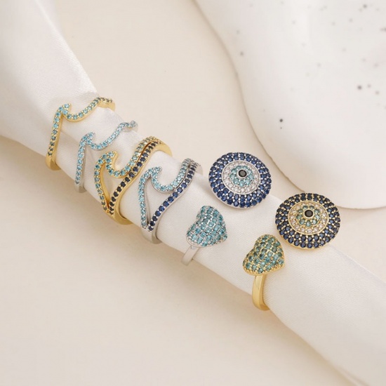 Imagen de Mujeres Regalo Ola Azul Circón Artificial Abierto Ajustable Anillos Al Por Mayor, Multicolor Latón, Hip-Hop Elegante Suministro de Joyería, 17.3mm (US size 7), 1 Unidad