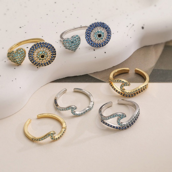 Imagen de Mujeres Regalo Ola Azul Circón Artificial Abierto Ajustable Anillos Al Por Mayor, Multicolor Latón, Hip-Hop Elegante Suministro de Joyería, 17.3mm (US size 7), 1 Unidad