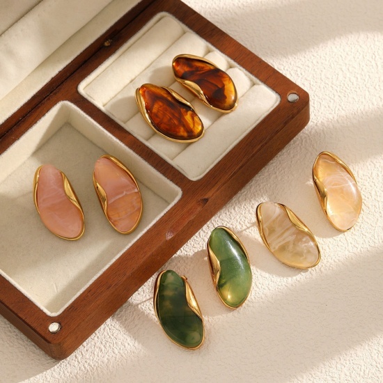 Imagen de Estilo Ins Elegante Pendientes & Anillos Al Por Mayor, Chapado en Oro de 18K 304 Acero Inoxidable & Resina, Mujeres Respetuoso del Medio Ambiente Regalo Suministro de Joyería, 1 Par