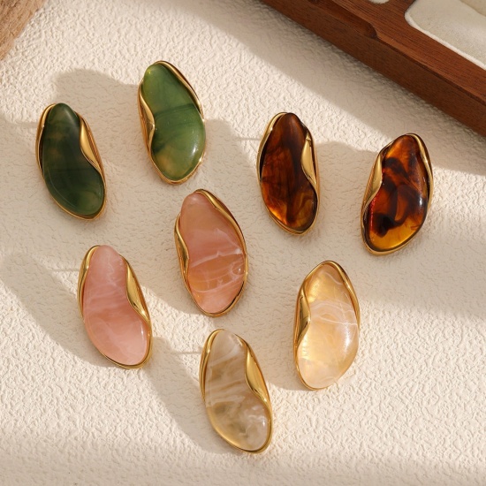 Imagen de Estilo Ins Elegante Pendientes & Anillos Al Por Mayor, Chapado en Oro de 18K 304 Acero Inoxidable & Resina, Mujeres Respetuoso del Medio Ambiente Regalo Suministro de Joyería, 1 Par