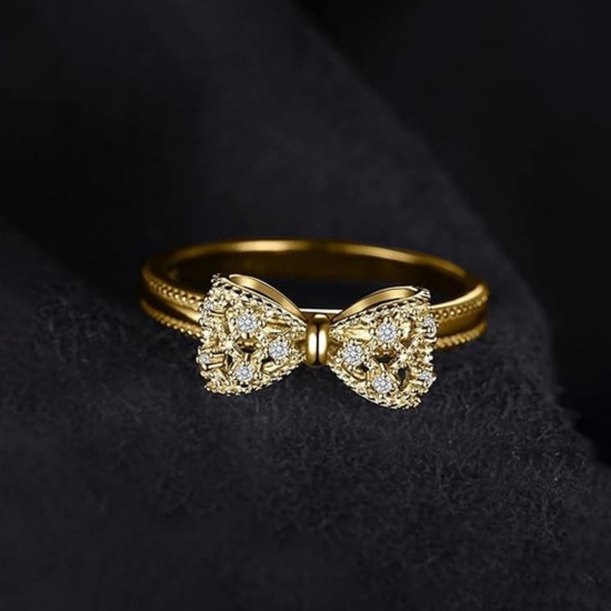 Picture of Wholesale Women's Gift Bowknot Clear Cubic Zirconia Unadjustable Rings, 18K Gold Plated Brass, Exquisite Stylish Jewelry Supply, 1 Piece