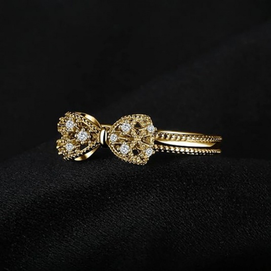 Picture of Wholesale Women's Gift Bowknot Clear Cubic Zirconia Unadjustable Rings, 18K Gold Plated Brass, Exquisite Stylish Jewelry Supply, 1 Piece