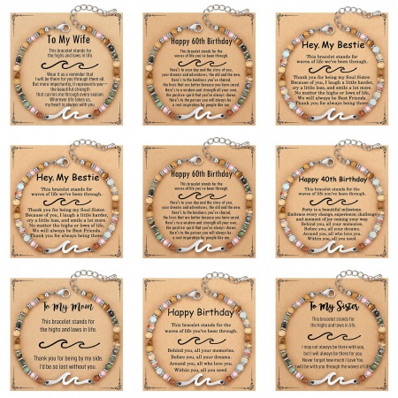 Imagen de Ola Mensaje Con Tarjeta Latón & Gema Pulseras de Cuentas Al Por Mayor, Platino Chapado Unisex Retro Elegante Regalo Suministro de Joyería, 1 Juego