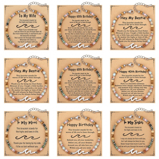 Imagen de Ola Mensaje Con Tarjeta Latón & Gema Pulseras de Cuentas Al Por Mayor, Platino Chapado Unisex Retro Elegante Regalo Suministro de Joyería, 1 Juego