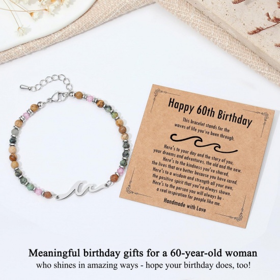 Imagen de Ola Mensaje Con Tarjeta Latón & Gema Pulseras de Cuentas Al Por Mayor, Platino Chapado Unisex Retro Elegante Regalo Suministro de Joyería, 1 Juego