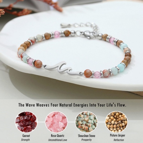 Imagen de Ola Mensaje Con Tarjeta Latón & Gema Pulseras de Cuentas Al Por Mayor, Platino Chapado Unisex Retro Elegante Regalo Suministro de Joyería, 1 Juego