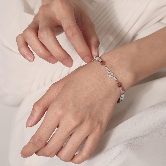 Imagen de Ola Mensaje Con Tarjeta Latón & Gema Pulseras de Cuentas Al Por Mayor, Platino Chapado Unisex Retro Elegante Regalo Suministro de Joyería, 1 Juego