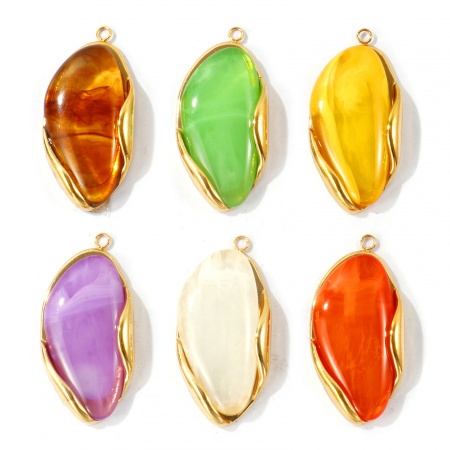 Picture of 2 PCs Eco-friendly PVD Waterproof Anti-Tarnish Hypoallergenic 304 Stainless Steel Pendants Wholesale 18K Real Gold Plated Irregular With Resin Cabochons 4cm x 2cm