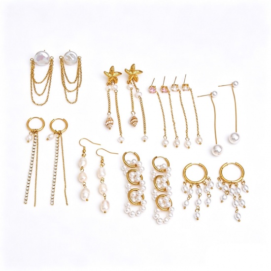 Imagen de Joyería del océano Elegante Borla Pendientes Al Por Mayor, Blanco Chapado en Oro de 18K 304 Acero Inoxidable, Mujeres PVD Ecológico Regalo Suministro de Joyería, 1 Par