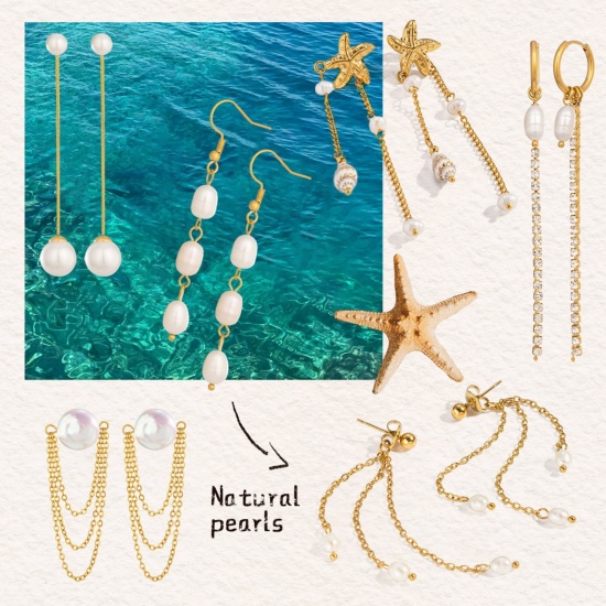 Imagen de Joyería del océano Elegante Borla Pendientes Al Por Mayor, Blanco Chapado en Oro de 18K 304 Acero Inoxidable, Mujeres PVD Ecológico Regalo Suministro de Joyería, 1 Par