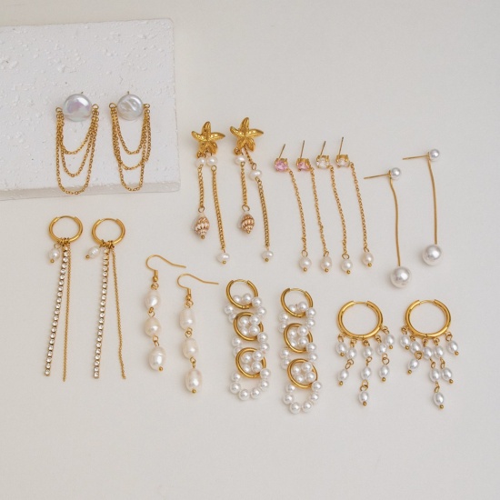 Imagen de Joyería del océano Elegante Borla Pendientes Al Por Mayor, Blanco Chapado en Oro de 18K 304 Acero Inoxidable, Mujeres PVD Ecológico Regalo Suministro de Joyería, 1 Par