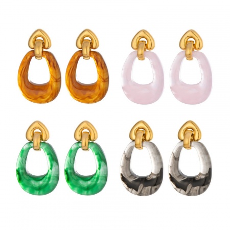 Imagen de Elegante Elegante Pendientes Al Por Mayor, Chapado en Oro de 18K 304 Acero Inoxidable & Resina, Mujeres PVD Ecológico Regalo Suministro de Joyería, 4.7cm x 2.7cm, 1 Par