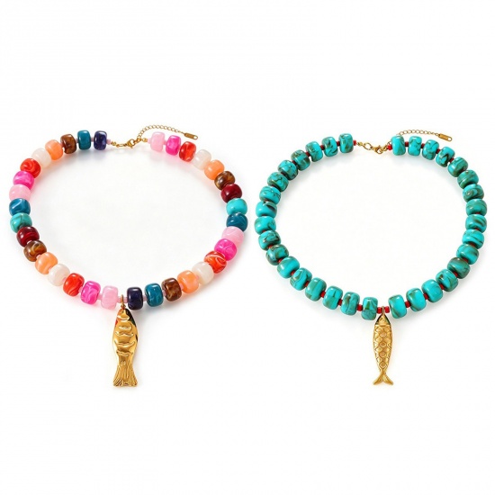 Picture of Wholesale Fish Animal Beaded Pendant Charm Necklace, 18K Gold Plated 304 Stainless Steel & Resin Women's Eco-friendly PVD Ocean Jewelry Stylish Gift Jewelry For Retailer, 42cm(16.5") long, 1 Piece