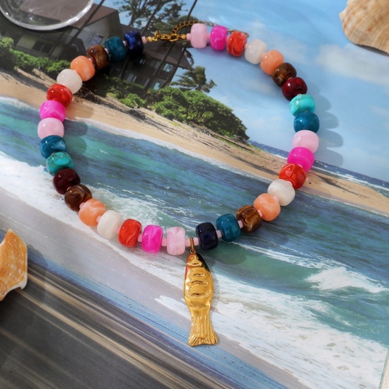 Picture of Wholesale Fish Animal Beaded Pendant Charm Necklace, 18K Gold Plated 304 Stainless Steel & Resin Women's Eco-friendly PVD Ocean Jewelry Stylish Gift Jewelry For Retailer, 42cm(16.5") long, 1 Piece