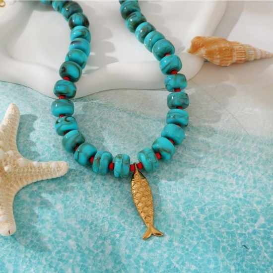 Picture of Wholesale Fish Animal Beaded Pendant Charm Necklace, 18K Gold Plated 304 Stainless Steel & Resin Women's Eco-friendly PVD Ocean Jewelry Stylish Gift Jewelry For Retailer, 42cm(16.5") long, 1 Piece