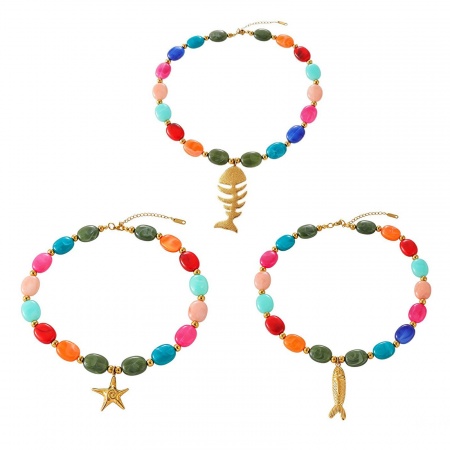 Immagine di Multicolore in Rilievo Collana con Ciondolo All'Ingrosso, Placcato Oro 18K 304 Acciaio Inossidabile & Resina Donne PVD Ecologica Gioielli Oceanici Elegante Regalo Gioielli Per Rivenditore, 45cm Lunghezza, 1 Pz