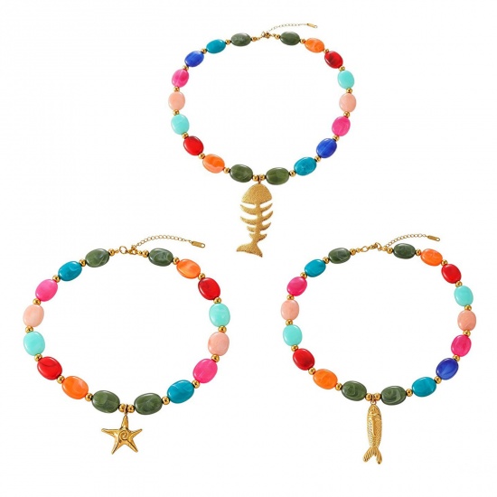 Picture of Wholesale Multicolor Beaded Pendant Charm Necklace, 18K Gold Plated 304 Stainless Steel & Resin Women's Eco-friendly PVD Ocean Jewelry Stylish Gift Jewelry For Retailer, 45cm(17.7") long, 1 Piece