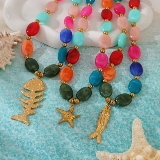 Picture of Wholesale Multicolor Beaded Pendant Charm Necklace, 18K Gold Plated 304 Stainless Steel & Resin Women's Eco-friendly PVD Ocean Jewelry Stylish Gift Jewelry For Retailer, 45cm(17.7") long, 1 Piece