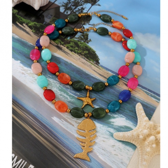 Picture of Wholesale Multicolor Beaded Pendant Charm Necklace, 18K Gold Plated 304 Stainless Steel & Resin Women's Eco-friendly PVD Ocean Jewelry Stylish Gift Jewelry For Retailer, 45cm(17.7") long, 1 Piece