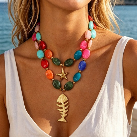 Picture of Wholesale Multicolor Beaded Pendant Charm Necklace, 18K Gold Plated 304 Stainless Steel & Resin Women's Eco-friendly PVD Ocean Jewelry Stylish Gift Jewelry For Retailer, 45cm(17.7") long, 1 Piece