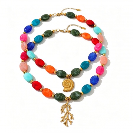 Immagine di Multicolore in Rilievo Collana con Ciondolo All'Ingrosso, Placcato Oro 18K 304 Acciaio Inossidabile & Resina Donne PVD Ecologica Gioielli Oceanici Elegante Regalo Gioielli Per Rivenditore, 44cm Lunghezza, 1 Pz
