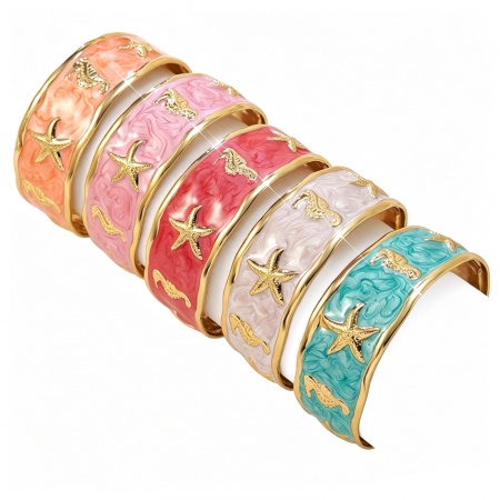 Immagine di Stella di Mare Cavalluccio Marino Multicolore Smalto 304 Acciaio Inossidabile Aprire Braccialetti All'Ingrosso, Placcato Oro 18K Donne Gioielli Oceanici Squisito Regalo Fornitura di Gioielli, 6cm Dia., 1 Pz