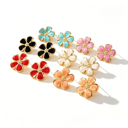 Immagine di Squisito Pastorale Naturale Orecchini a Perno All'Ingrosso, Fiore Multicolore Smalto Placcato Oro 18K 304 Acciaio Inossidabile, Donne Regalo Fornitura di Gioielli, 1 Paio