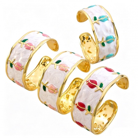 Immagine di Fiore del Tulipano Multicolore Smalto 304 Acciaio Inossidabile Aprire Braccialetti All'Ingrosso, Placcato Oro 18K Donne Collezione Flora Pastorale Naturale Regalo Fornitura di Gioielli, 5.5cm Dia., 1 Pz