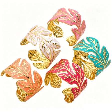 Immagine di Foglia Multicolore Smalto 304 Acciaio Inossidabile Aprire Braccialetti All'Ingrosso, Placcato Oro 18K Donne Collezione Flora Pastorale Naturale Regalo Fornitura di Gioielli, 5.5cm Dia., 1 Pz