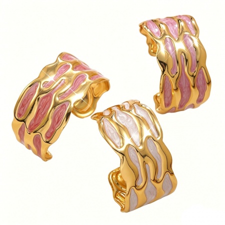 Immagine di Struttura Multicolore Smalto 304 Acciaio Inossidabile Aprire Braccialetti All'Ingrosso, Placcato Oro 18K Donne Squisito Elegante Regalo Fornitura di Gioielli, 5.5cm Dia., 1 Pz