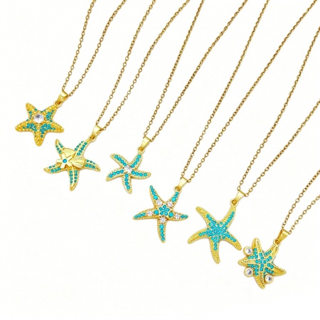 Immagine di Stella di Mare Ottone Blu Strass Collana con Ciondolo All'Ingrosso, Placcato Oro 18K 304 Acciaio Inossidabile Catena a Cavo, Donne Gioielli Oceanici Squisito Regalo Gioielli Per Rivenditore, 40cm + 5cm Lunghezza, 1 Pz