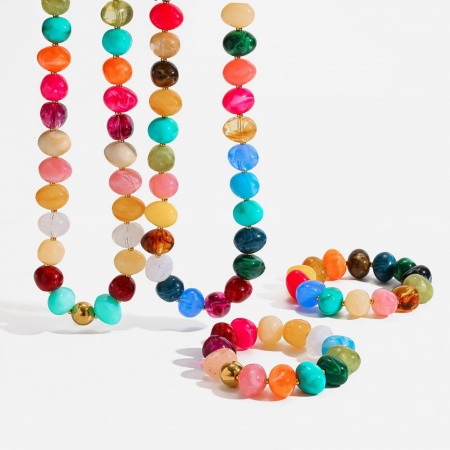 Immagine di Multicolore in Rilievo Collana & Bracciale All'Ingrosso, 18K Vero Oro Placcato 304 Acciaio Inossidabile & Acrilato, Donne Placcatura Sottovuoto Stile Bohemien Squisito Regalo Gioielli Per Rivenditore, 1 Pz