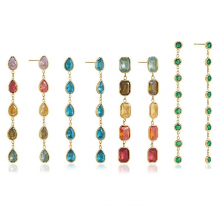 Immagine di Wholesale Stylish Exquisite Tassel Earrings, Geometric Multicolour Cubic Zirconia 18K Real Gold Plated 304 Stainless Steel, Women's Eco-friendly PVD Gift Jewelry Supply, 1 Pair
