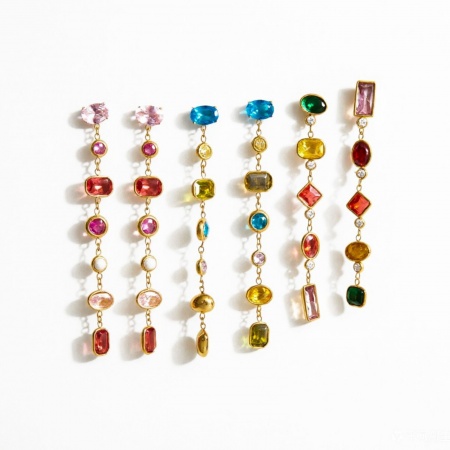 Immagine di Wholesale Stylish Exquisite Tassel Earrings, Geometric Multicolour Cubic Zirconia 18K Real Gold Plated 304 Stainless Steel, Women's Eco-friendly PVD Gift Jewelry Supply, 1 Pair