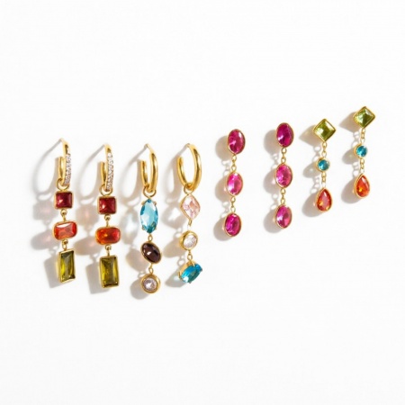 Immagine di Wholesale Stylish Exquisite Tassel Earrings, Geometric Multicolour Cubic Zirconia 18K Real Gold Plated 304 Stainless Steel, Women's Eco-friendly PVD Gift Jewelry Supply, 1 Pair