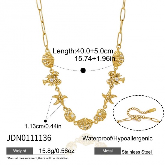 Picture of Wholesale Marine Animal Clear Cubic Zirconia Pendant Charm Necklace, 18K Real Gold Plated 304 Stainless Steel Paperclip Link Chain, Women's Eco-friendly PVD Ocean Jewelry Exquisite Gift Jewelry For Retailer, 40cm(15.7") + 5cm(2") long, 1 Piece